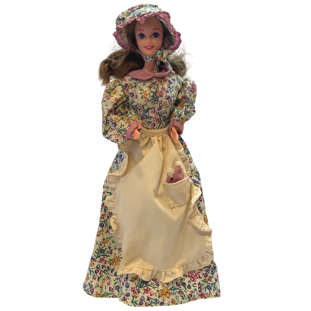 Vintage Pioneer Doll Floral Prairie Dress Bonnet Apron‎ Collectible Toy